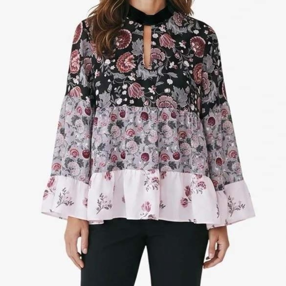 LOFT Womens Large Floral Tiered Boho Blouse Mock Neck Velvet Trim Bell Sleeve